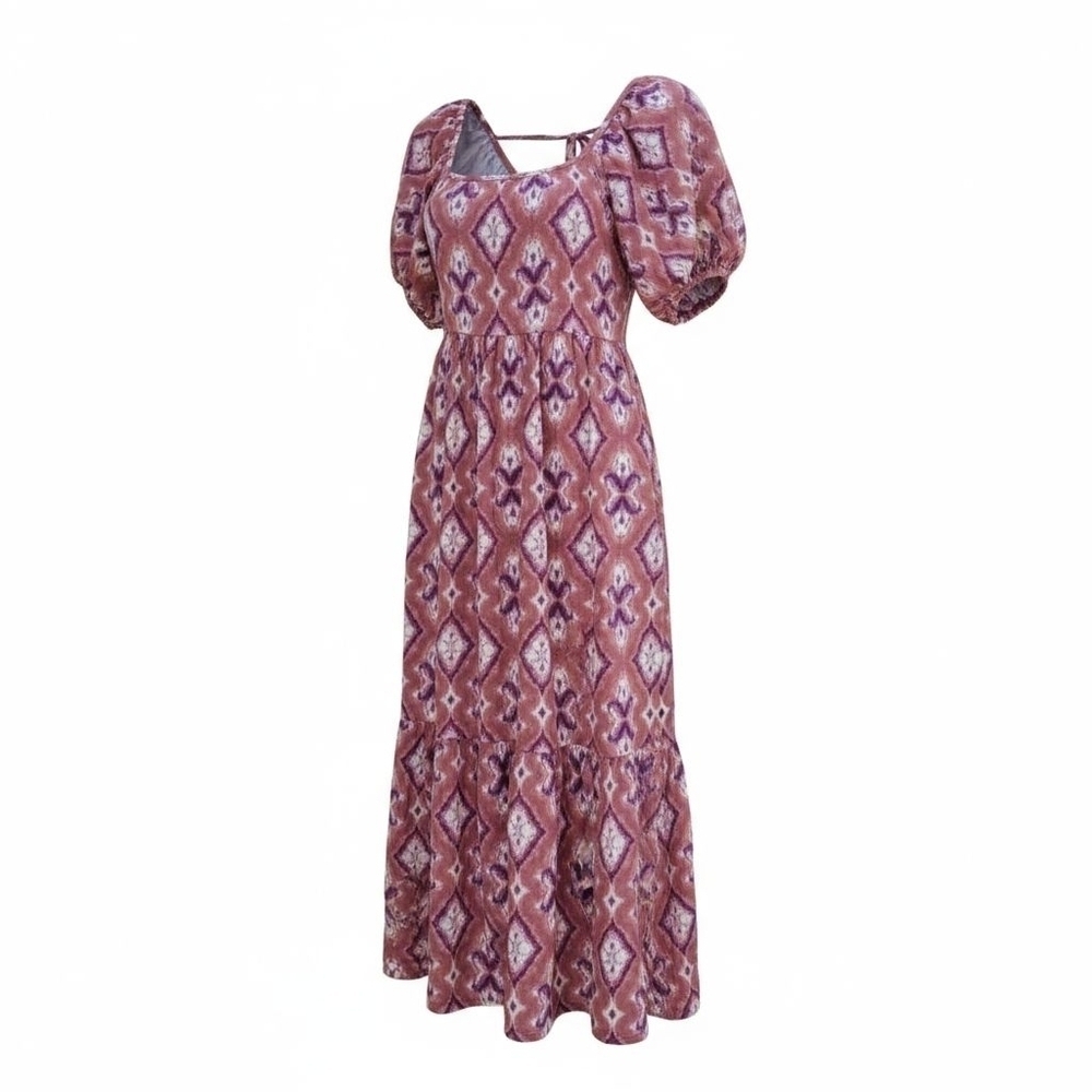 Knox Rose Women’s Boho Tiered Midi Dress – Small, Puff Sleeves, Rayon, Pockets,